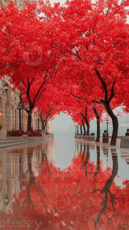 Vibrant red trees line tranquil pathway beside calm water in autumn setting at city park photo