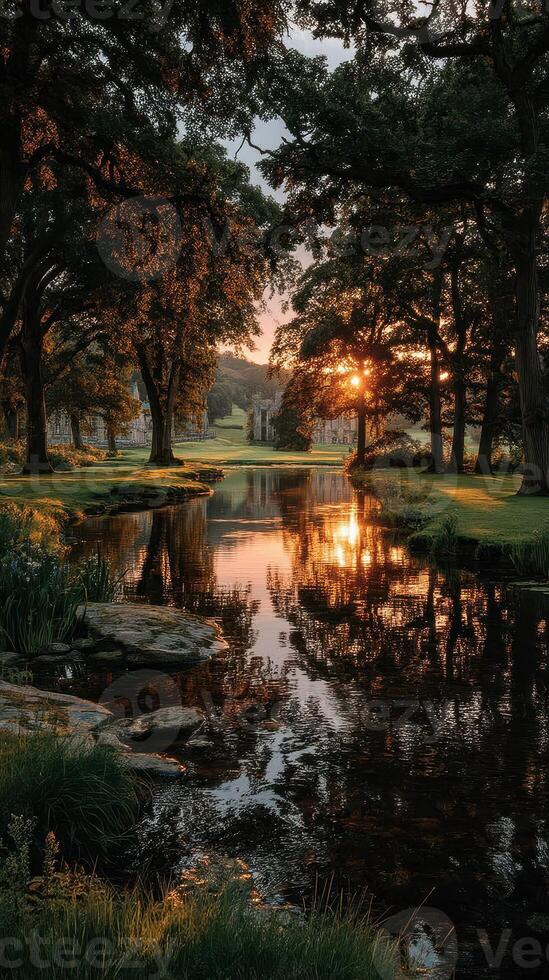 Golden sunset reflects on calm river surrounded by lush trees and serene landscape in a peaceful setting photo