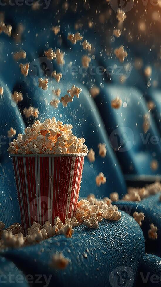 Popcorn spills over a bucket in a dimly lit movie theater during an exciting moment in the film photo