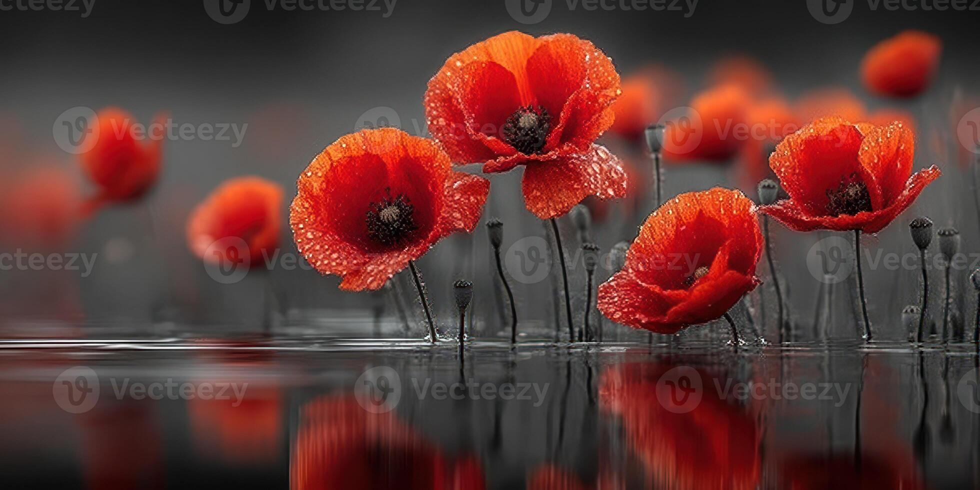 Vibrant red poppies bloom under soft rain with reflections in a serene body of water during early morning hours photo