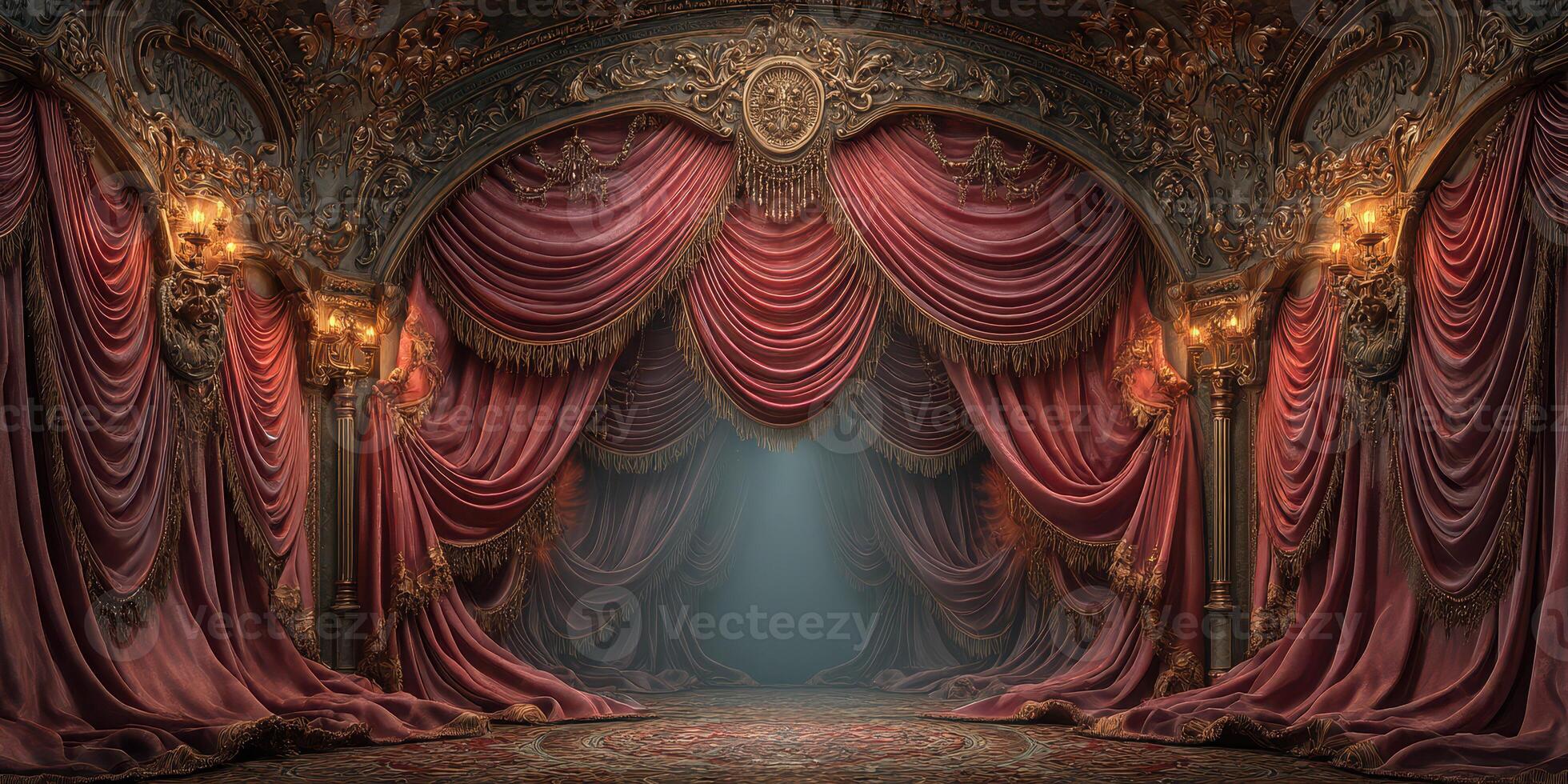 Elegant theater stage with ornate draping and soft lighting showcasing an inviting atmosphere for performances photo