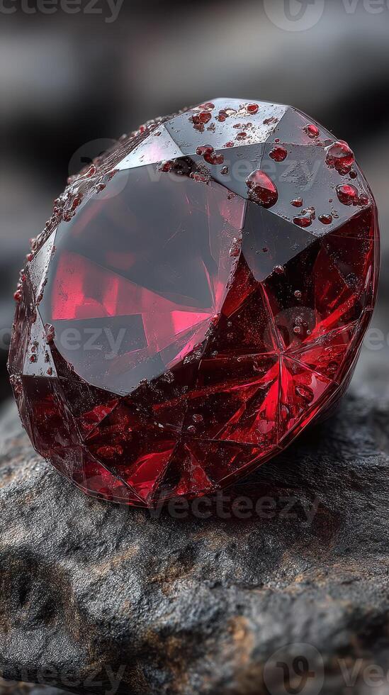 Sparkling red gemstone resting on textured dark stone surface with water droplets in natural lighting photo