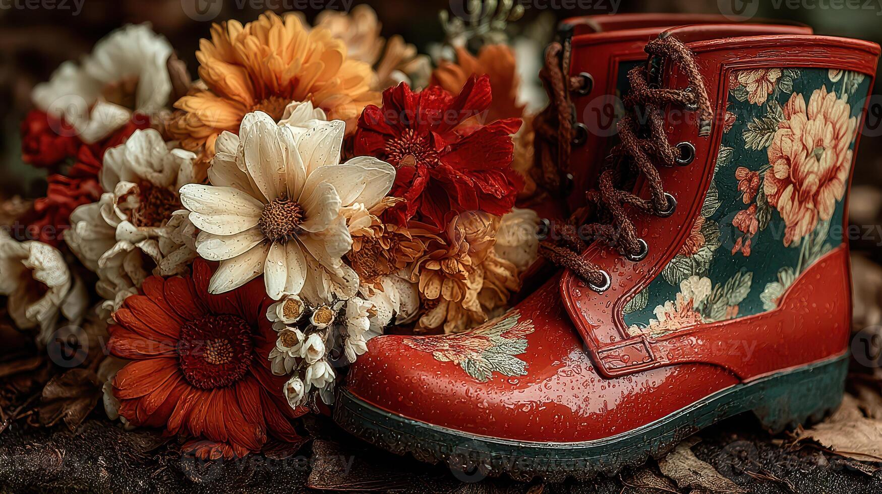 Colorful rubber boots surrounded by vibrant flowers create a cheerful scene in a rainy garden setting photo