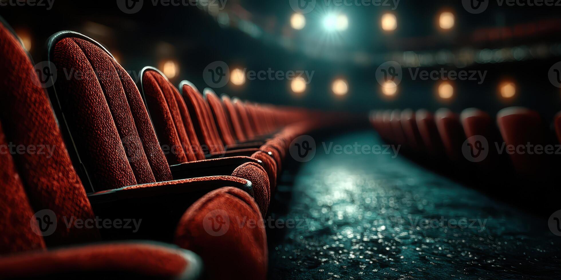 Rows of empty red velvet theater seats illuminated by soft light during a quiet performance night photo