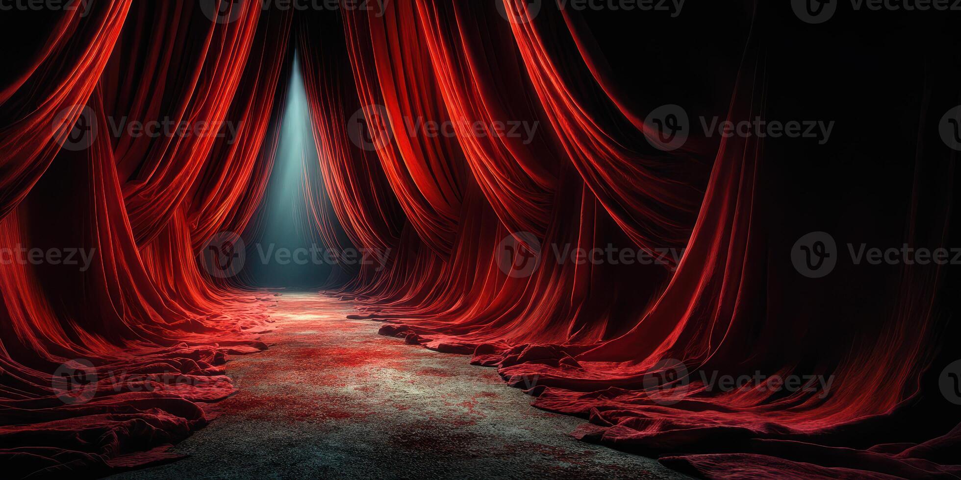 Red velvet curtains part to reveal a mysterious spotlight in a theatrical setting at night photo