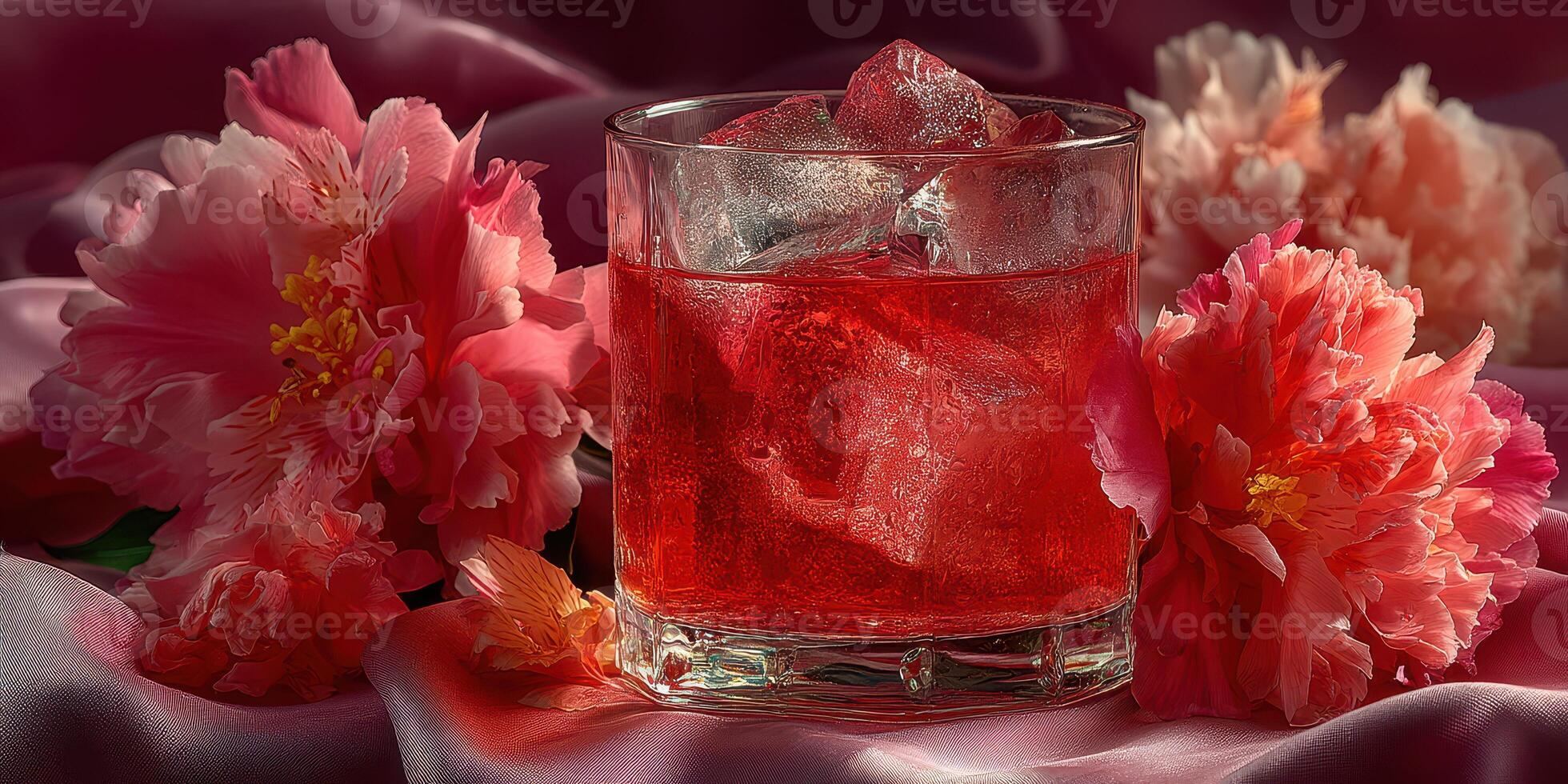 Refreshing cocktail garnished with vibrant flowers on soft fabric background photo