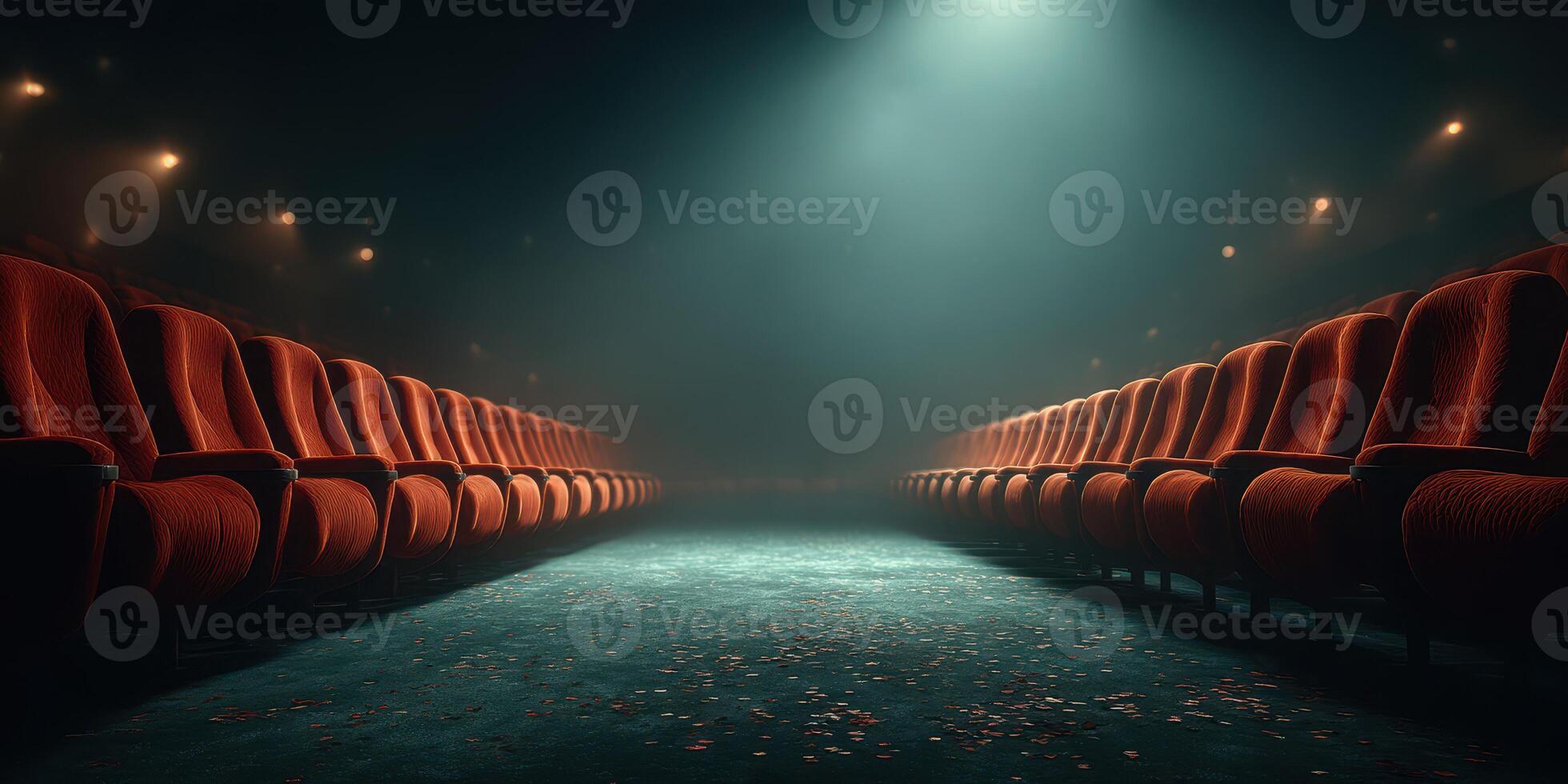 Empty theater seats illuminated by soft lighting create an inviting atmosphere before the show starts at night photo