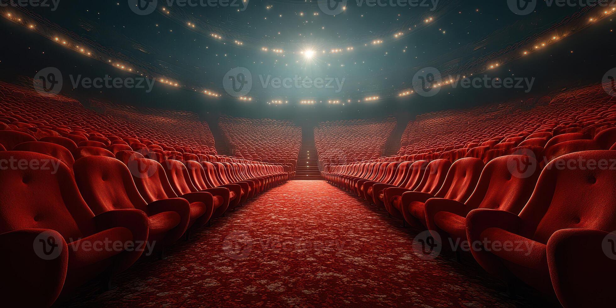 Empty theater with red velvet seats before a performance at night photo