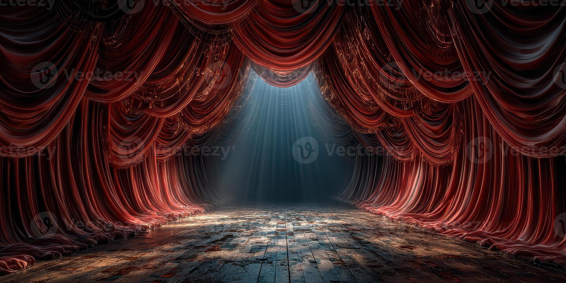Dramatic stage with red curtains and soft lighting creates an inviting atmosphere for performances and events photo