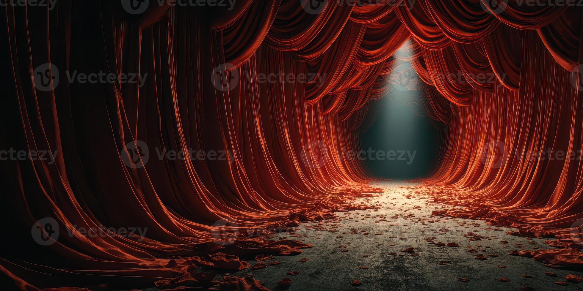 Curtained theater stage with dramatic red drapes and scattered petals illuminated by a spotlight for an elegant performance setting photo