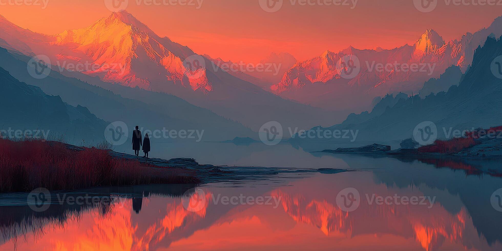 Majestic mountains reflect on serene lake at sunset with two silhouetted figures walking along the shore photo