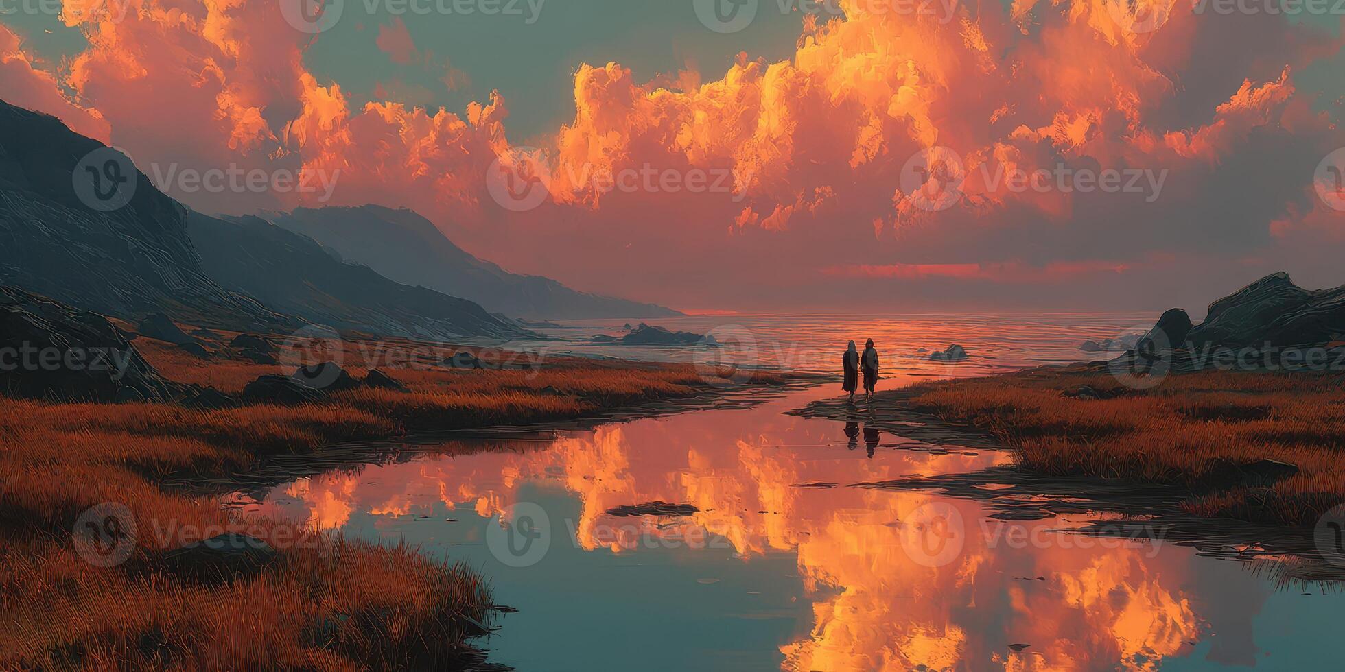 Couple walking along the shoreline at sunset near a reflective tide pool surrounded by dramatic clouds photo