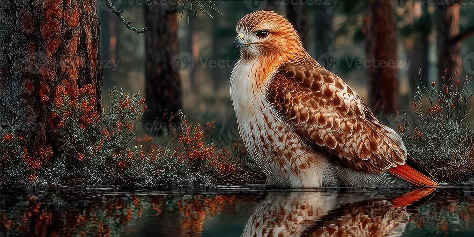 Majestic hawk resting by a serene pond in a forest during golden hour photo
