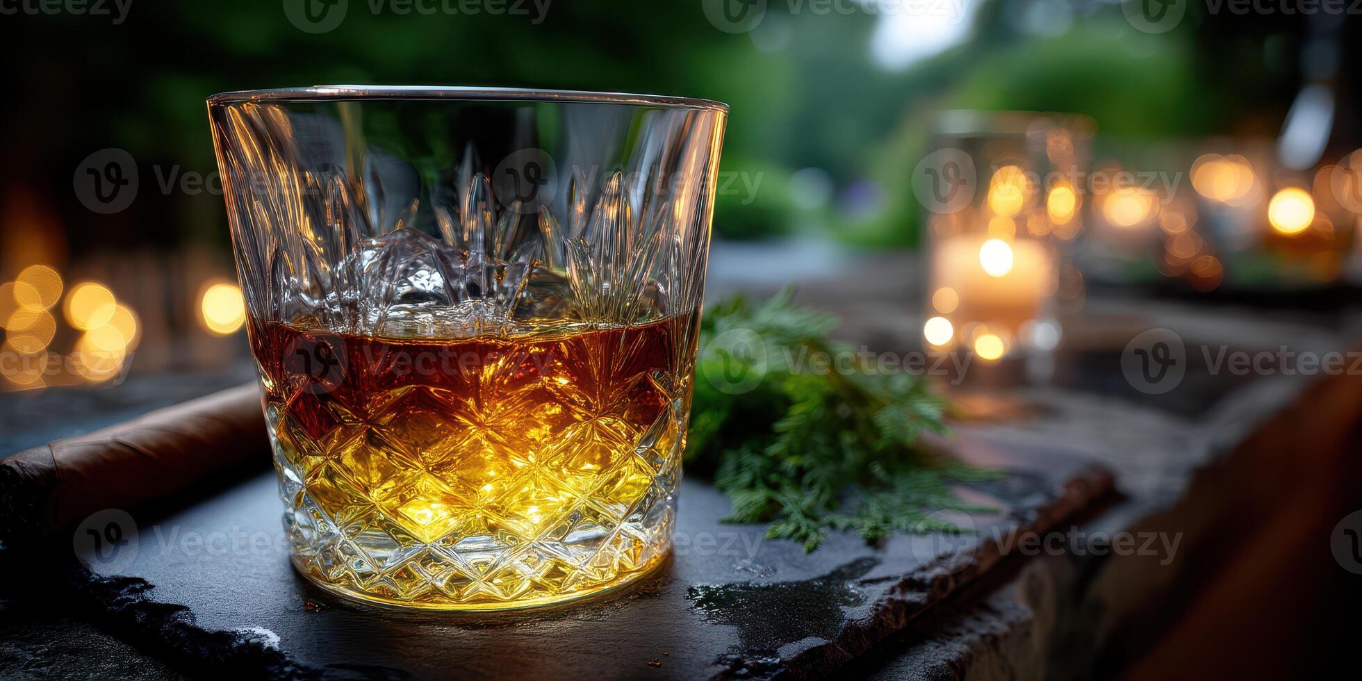 Golden whiskey in a crystal glass set on a rustic surface with warm candlelight glowing in the background during an evening gathering photo
