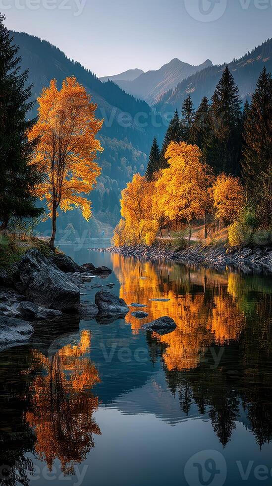 Autumn landscape with golden trees reflecting in calm lake and mountains in background at dawn photo