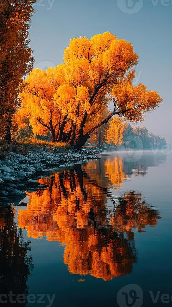 Vibrant autumn trees reflecting on a calm river during early morning light photo