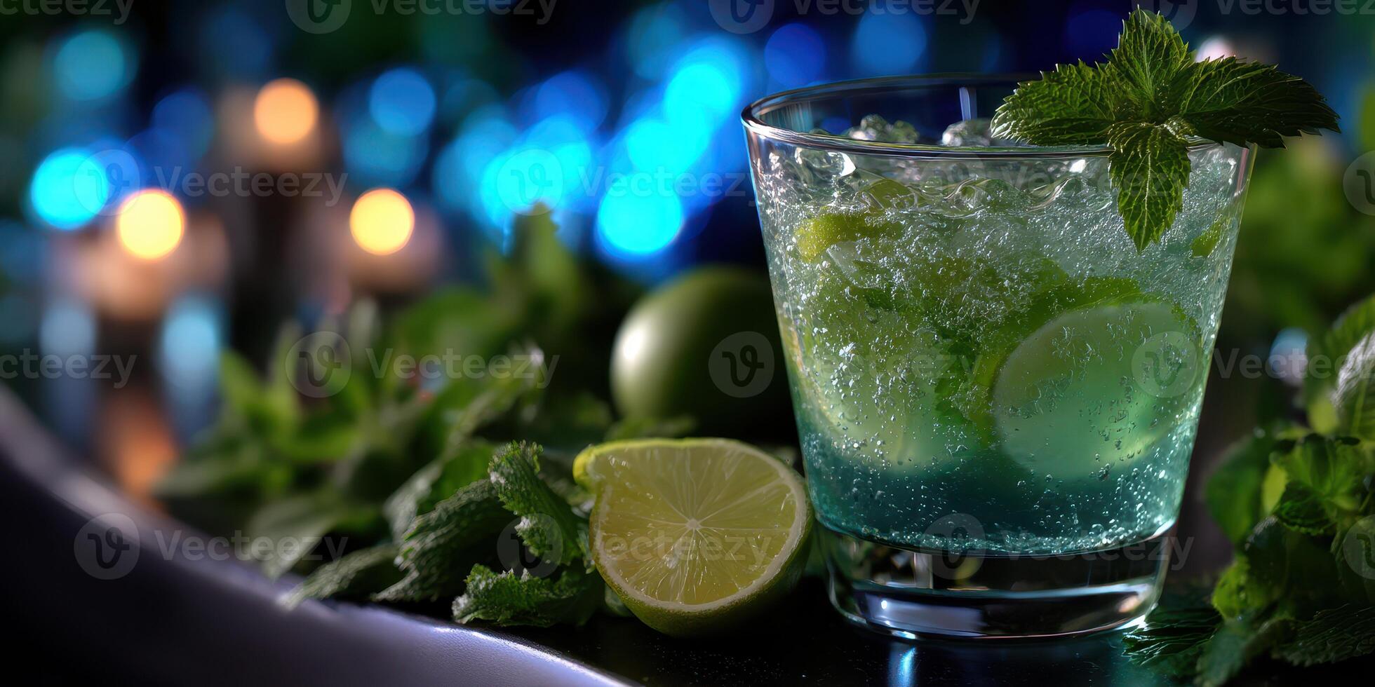 Refreshing mint mojito with lime slices on a bar counter surrounded by vibrant ambiance at night photo