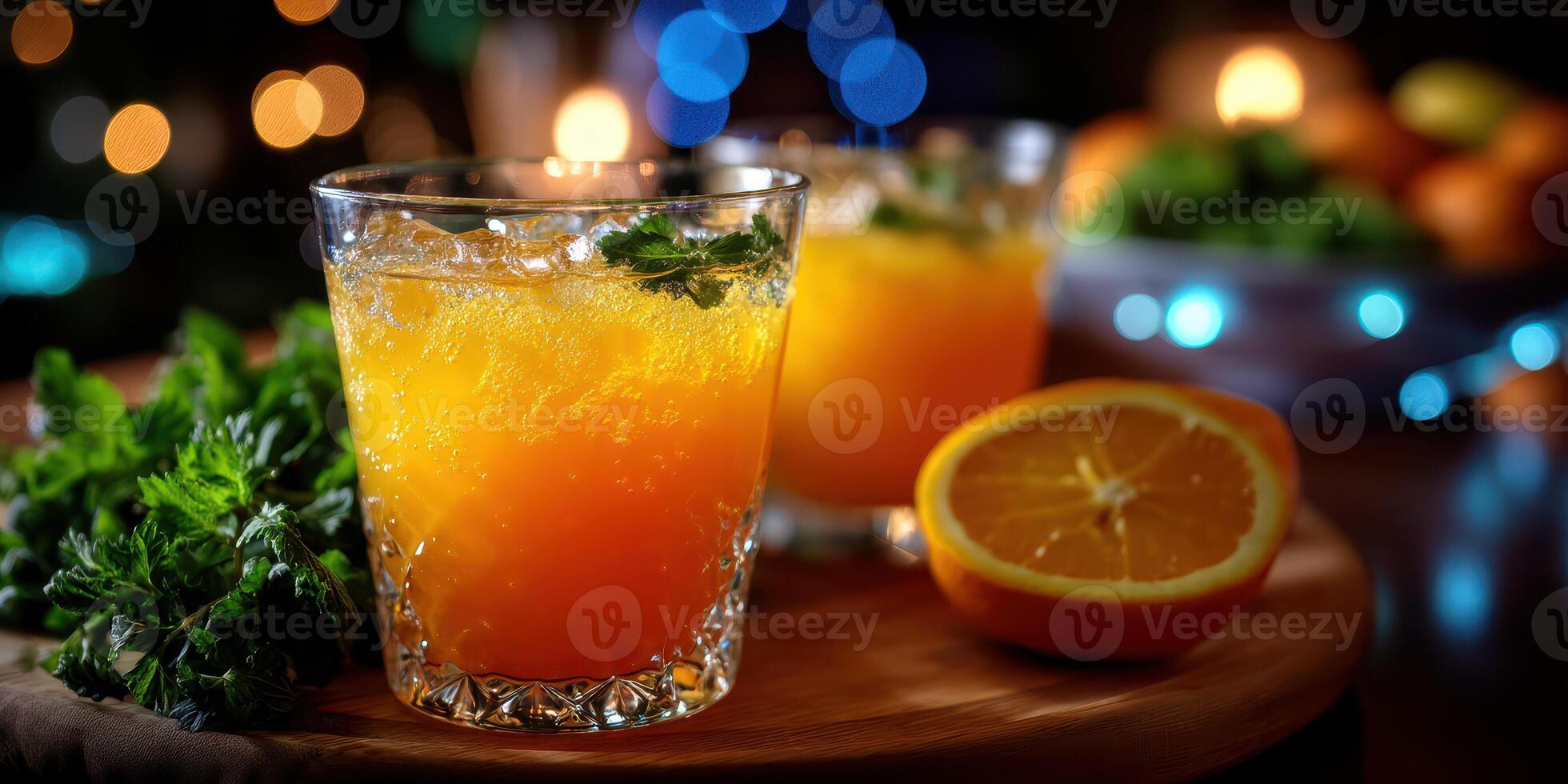 Refreshing citrus cocktails with vibrant colors and garnishes served on a wooden platter photo