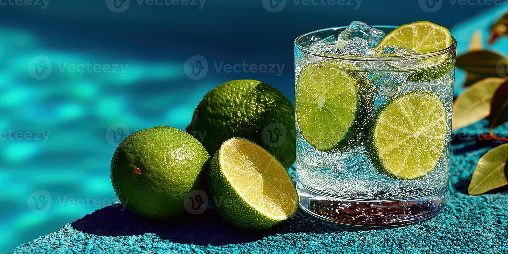 Refreshing cocktail by the pool with fresh limes on a sunny day photo