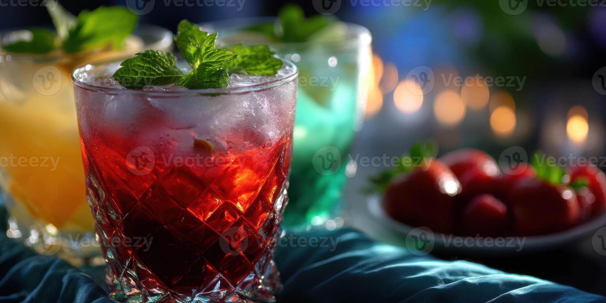 Colorful cocktails with mint garnish served at a summer gathering during an evening celebration photo