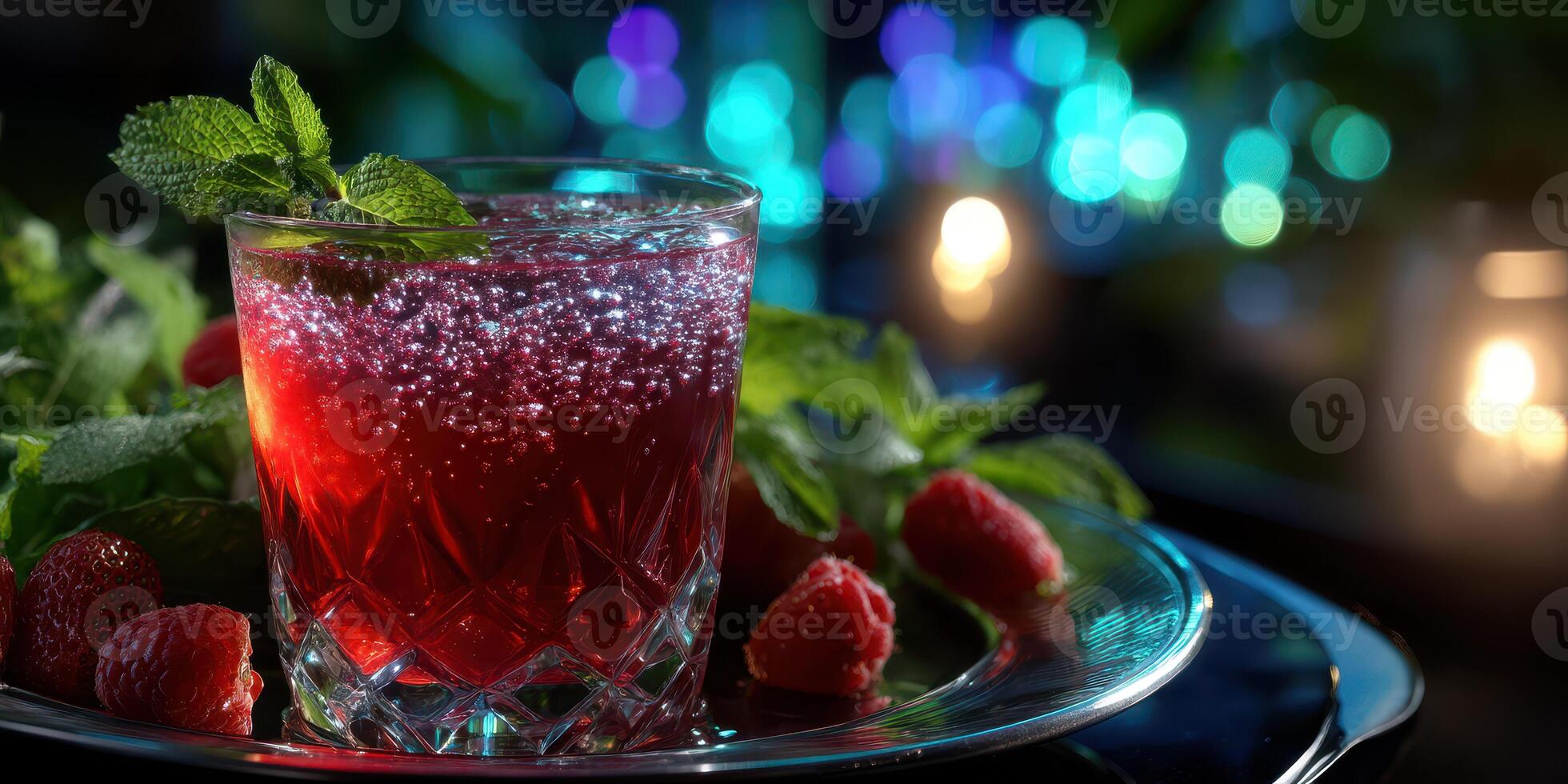 Refreshing raspberry mint cocktail served on a silver tray with bokeh lighting in a stylish setting photo