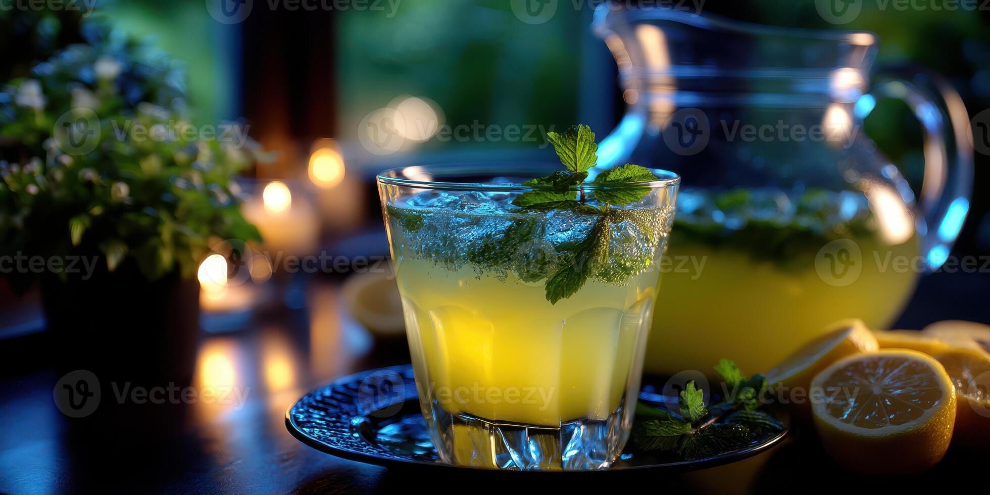 Refreshing mint lemonade served in a glass with a pitcher and lemon slices on a wooden table during an evening gathering photo