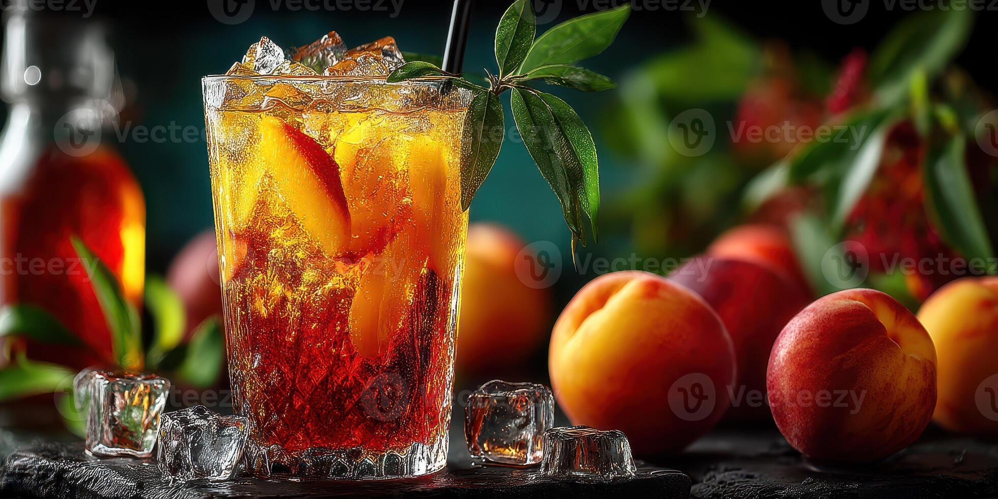 Refreshing peach iced tea cocktail served with fresh peaches and ice for a summer gathering at a garden photo