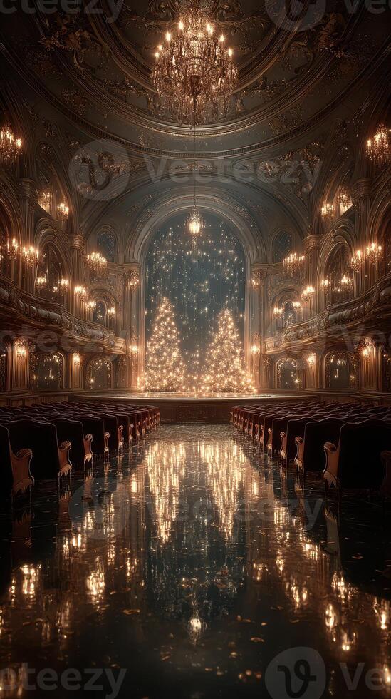 Elegant theater interior decorated for Christmas with illuminated trees amidst a festive atmosphere in the evening photo