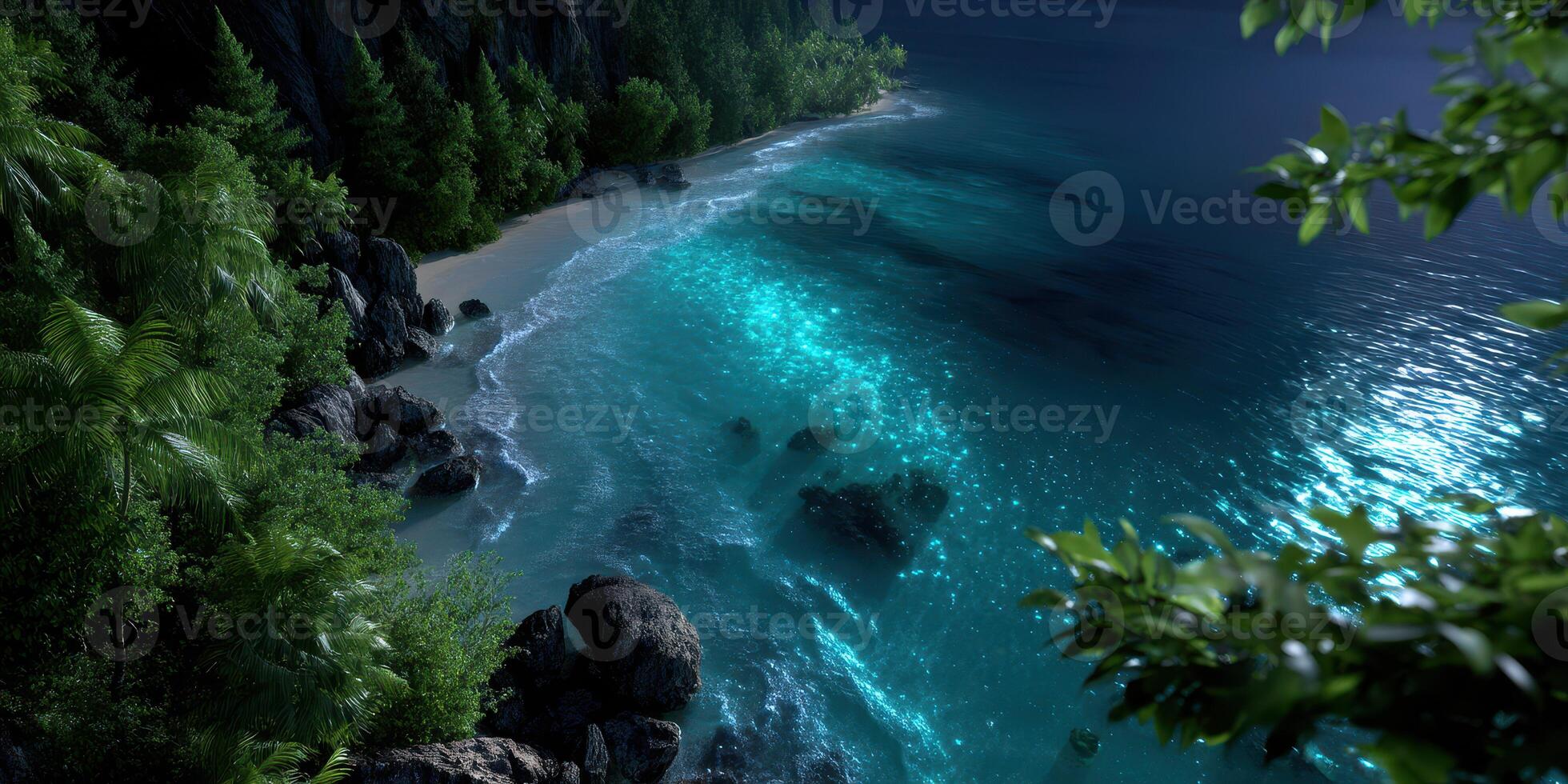 Calm shoreline with glowing water at night surrounded by lush greenery and rocky formations photo