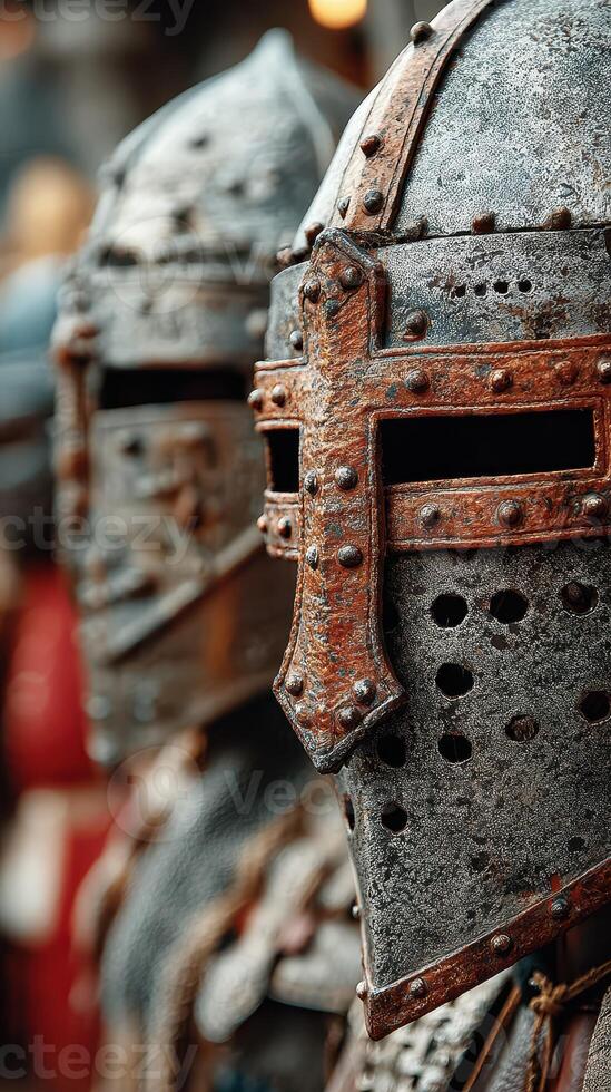 Medieval knights in armor during a reenactment in a lively historical festival setting photo