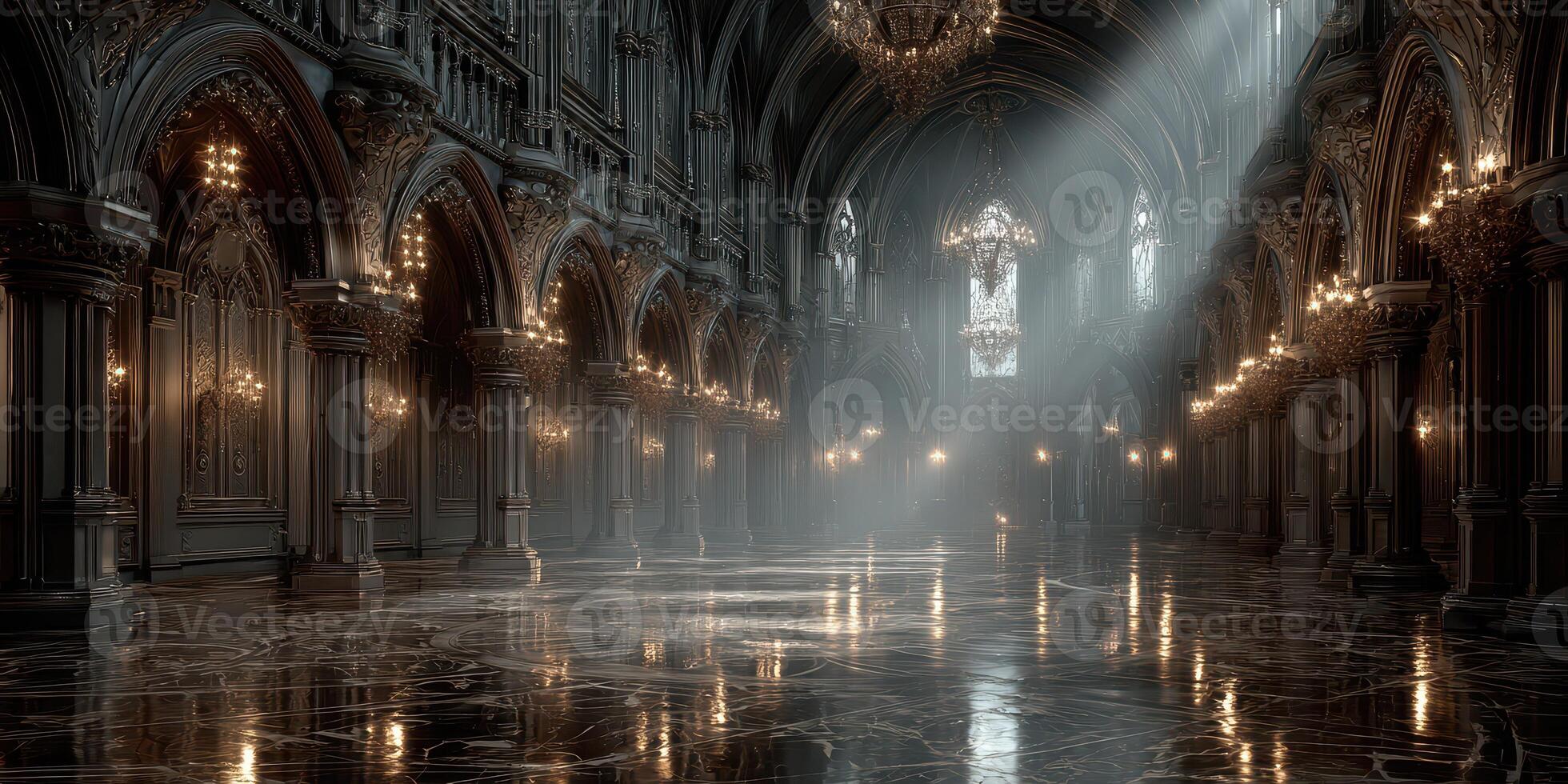 Grand hall illuminated by soft light revealing intricate architectural details in a peaceful ambiance photo