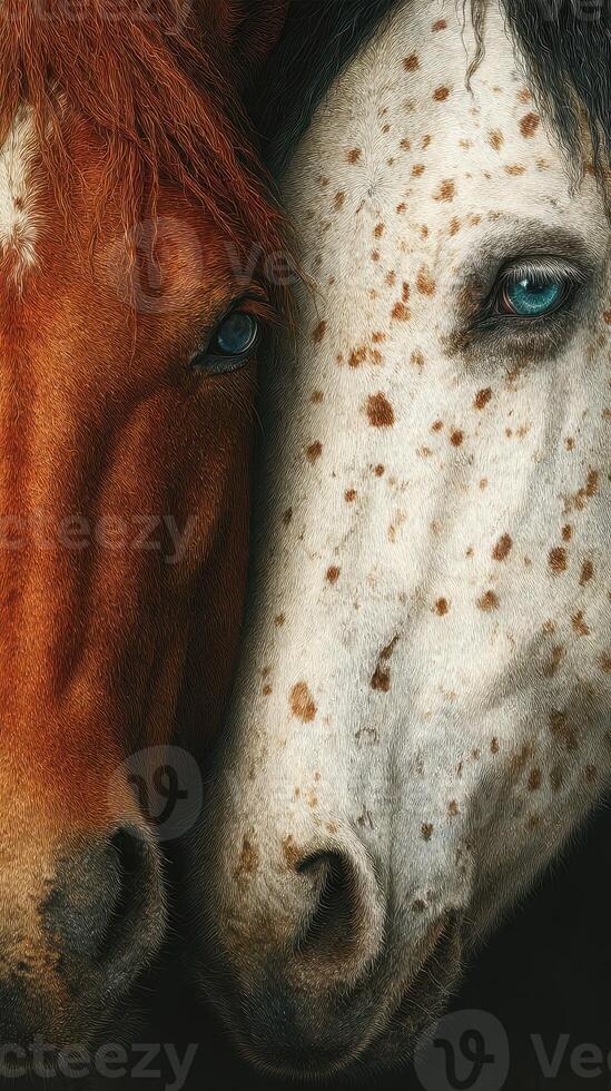 Close-up view of two horses displaying their unique features and expressions during a peaceful moment together photo