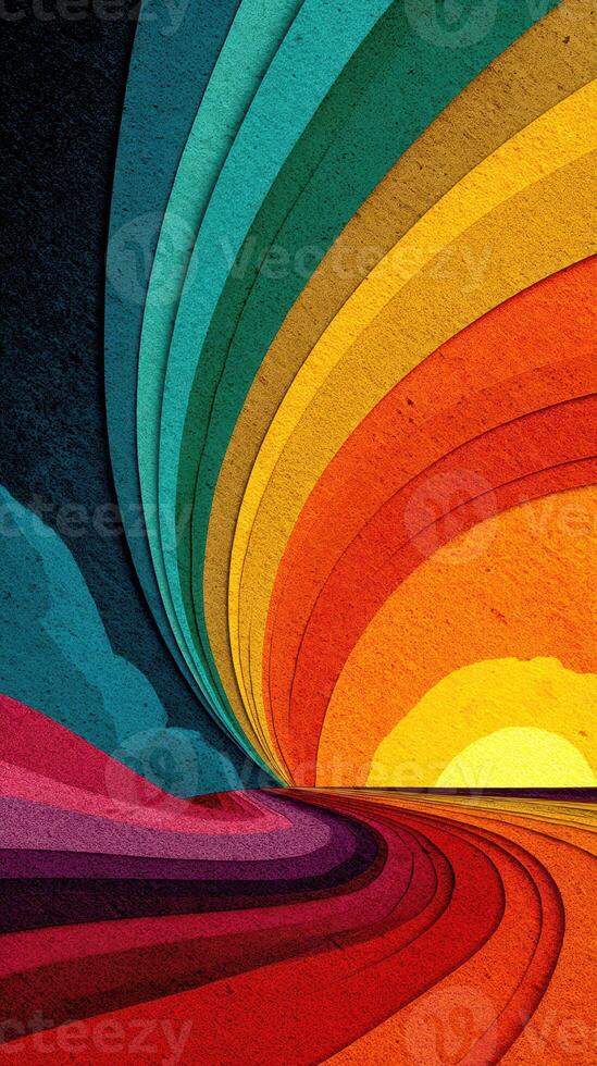 Vibrant sunset over colorful layered landscape with smooth curves and textured appearance photo