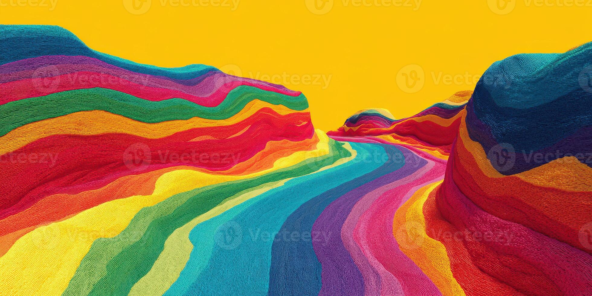 Vibrant multicolored landscape with swirling patterns of sand against a bright yellow background during daylight photo