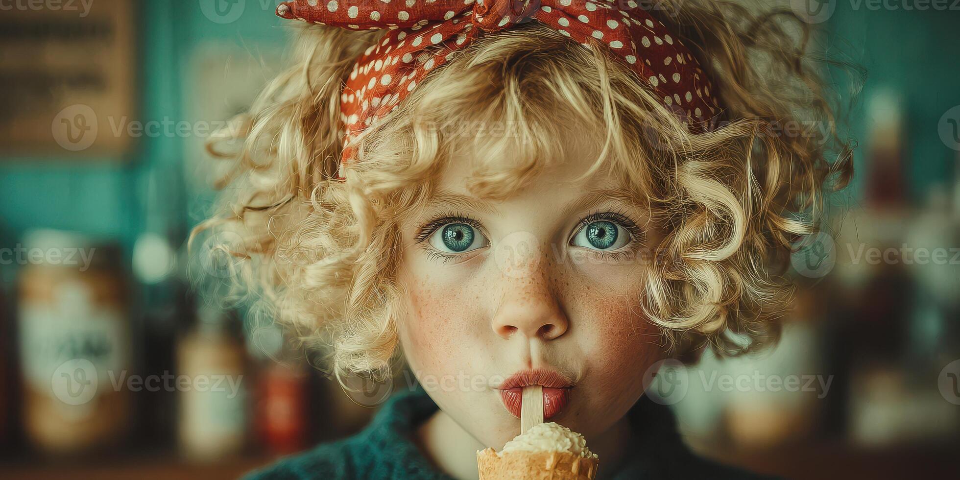 Curly-haired child enjoys ice cream treat in colorful cafe on a sunny afternoon photo