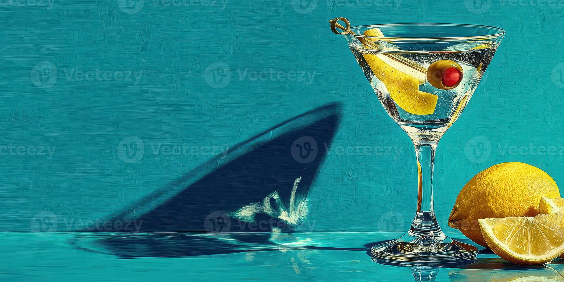 Refreshing cocktail served in an elegant glass with citrus fruit on a bright blue background photo