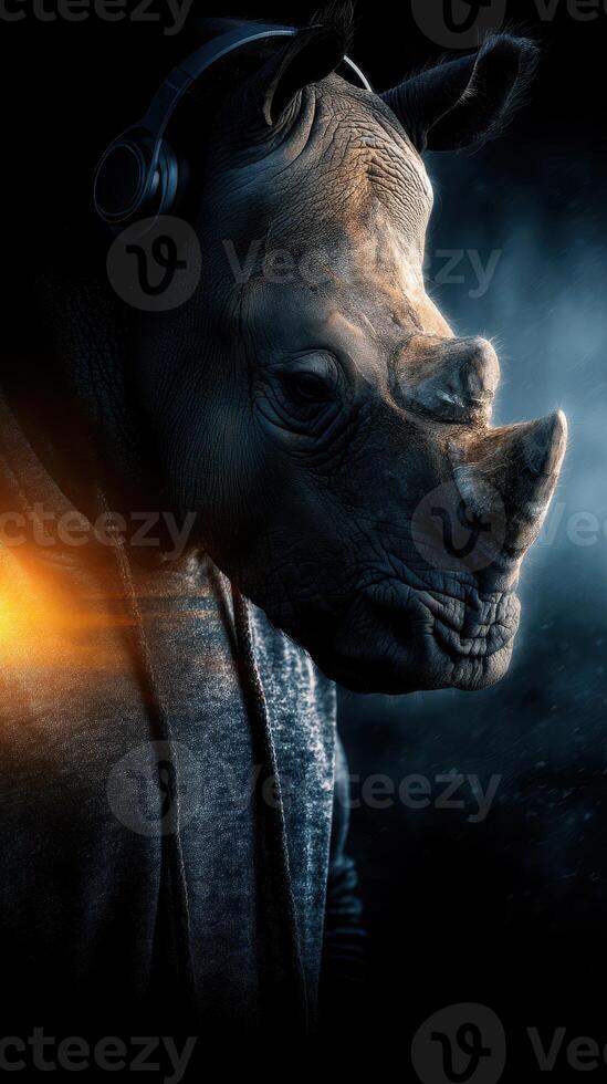 Unique artistic portrayal of a rhino character wearing headphones and a hoodie in a creative setting photo