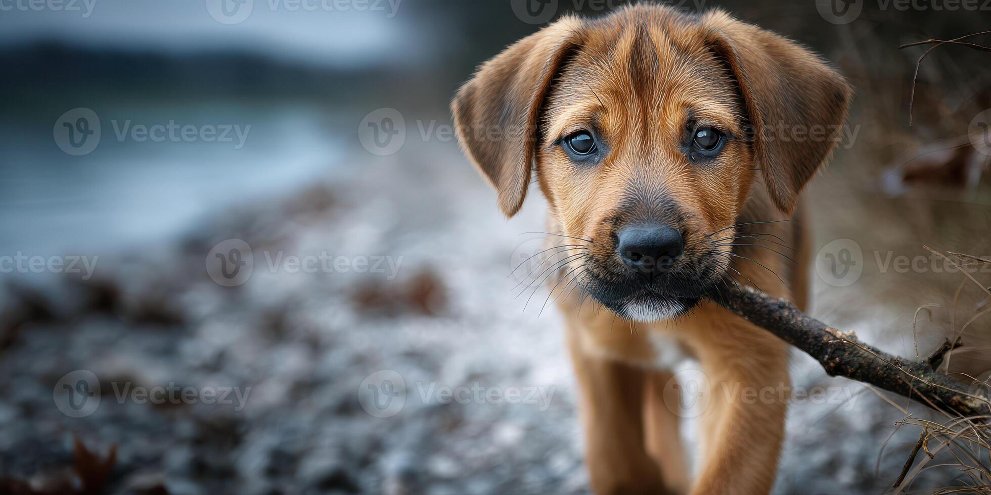 Playful puppy with stick at seashore during cool afternoon photo