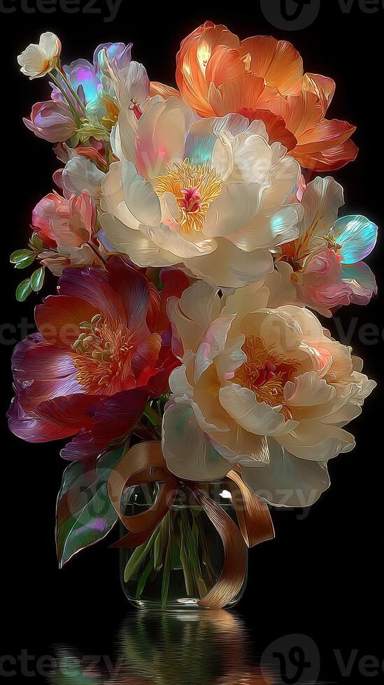 Colorful bouquet of flowers in a glass jar with a ribbon on a dark background photo