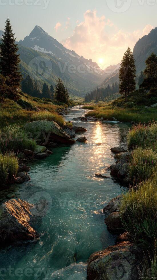 Sunset overlooking a tranquil river flowing through a mountain valley with lush greenery photo