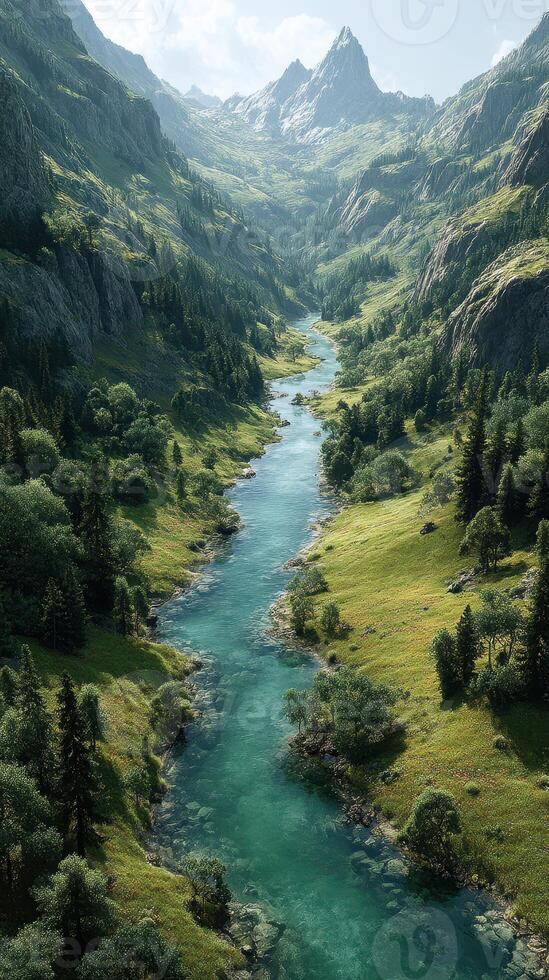 Serene mountain valley with flowing river under clear blue sky during daytime photo