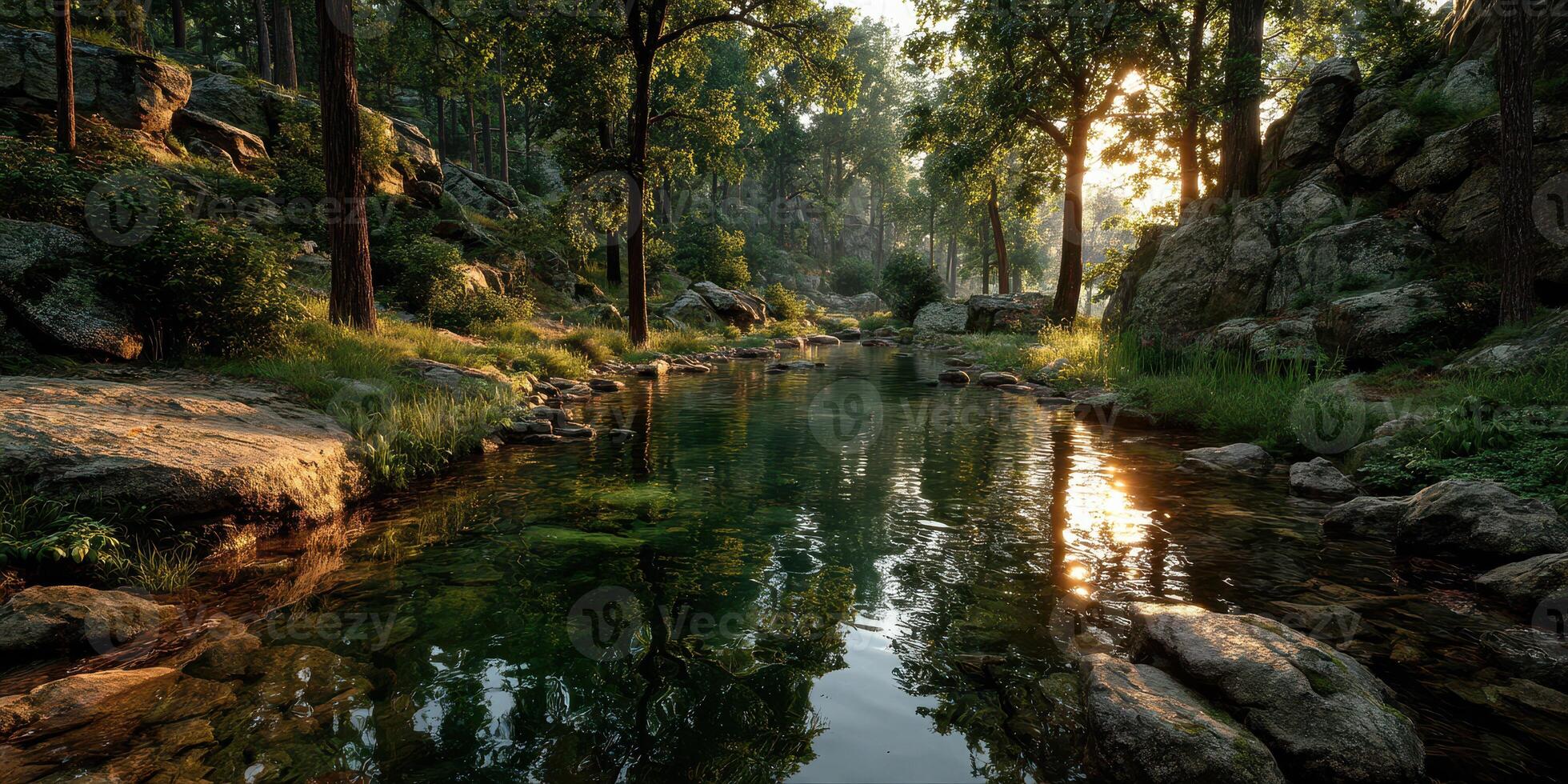 Tranquil stream flowing through a lush forest during golden hour, surrounded by rocks and vibrant greenery photo