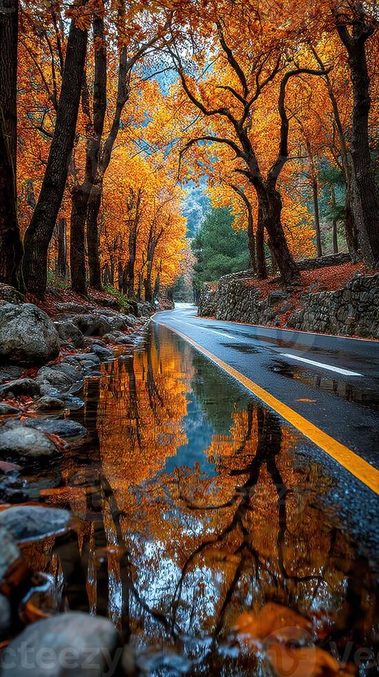 Autumn trees create a vibrant reflection in a puddle beside a winding road in the mountains photo