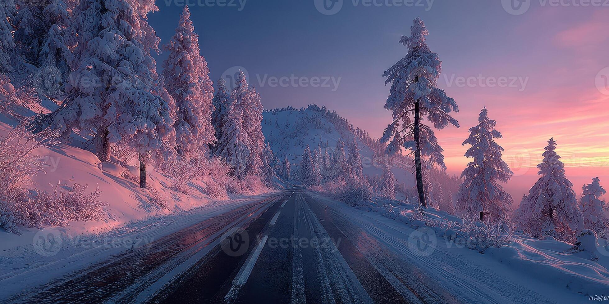 Winter sunrise illuminates snowy road through pine trees in a serene mountain landscape photo