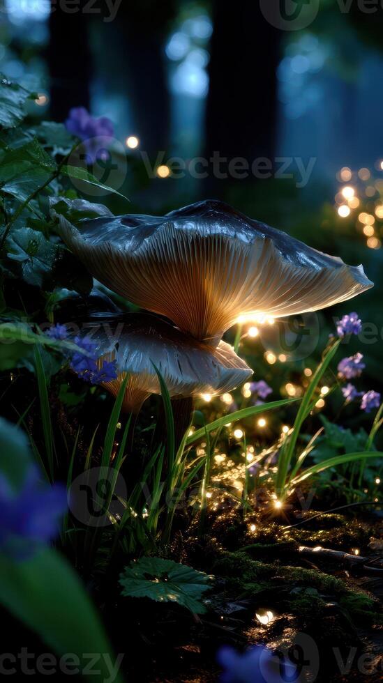 Vibrant mushrooms glowing in a misty forest surrounded by delicate flowers at twilight photo