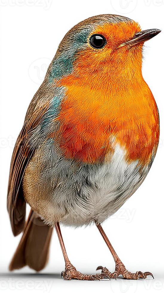 Vibrant bird stands poised on a white background, showcasing its striking orange and gray plumage, awaiting the start of a new day photo