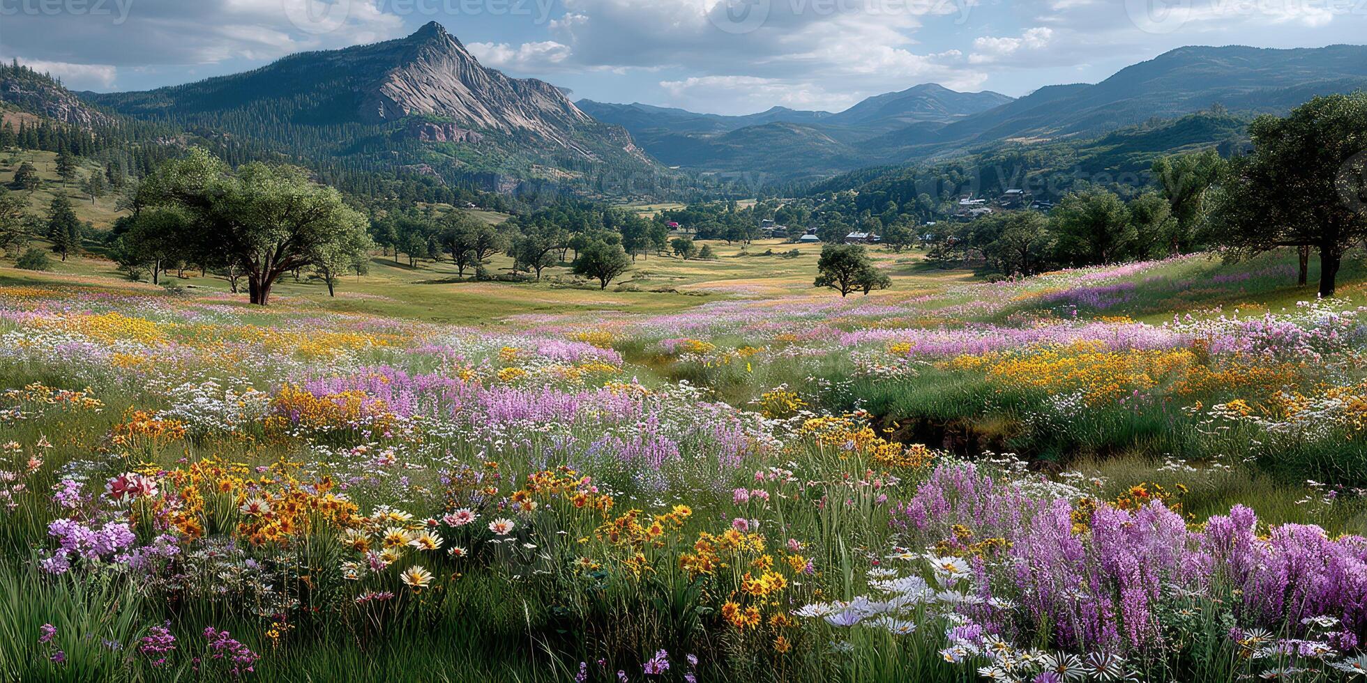 Vibrant wildflower meadow in the mountains during a sunny day showcasing an array of colors and breathtaking landscapes photo