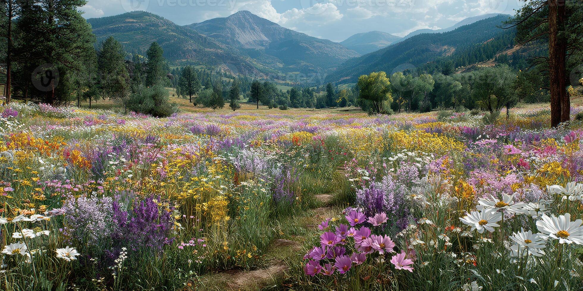 Colorful wildflower meadow blooms in serene mountains on a sunny afternoon photo