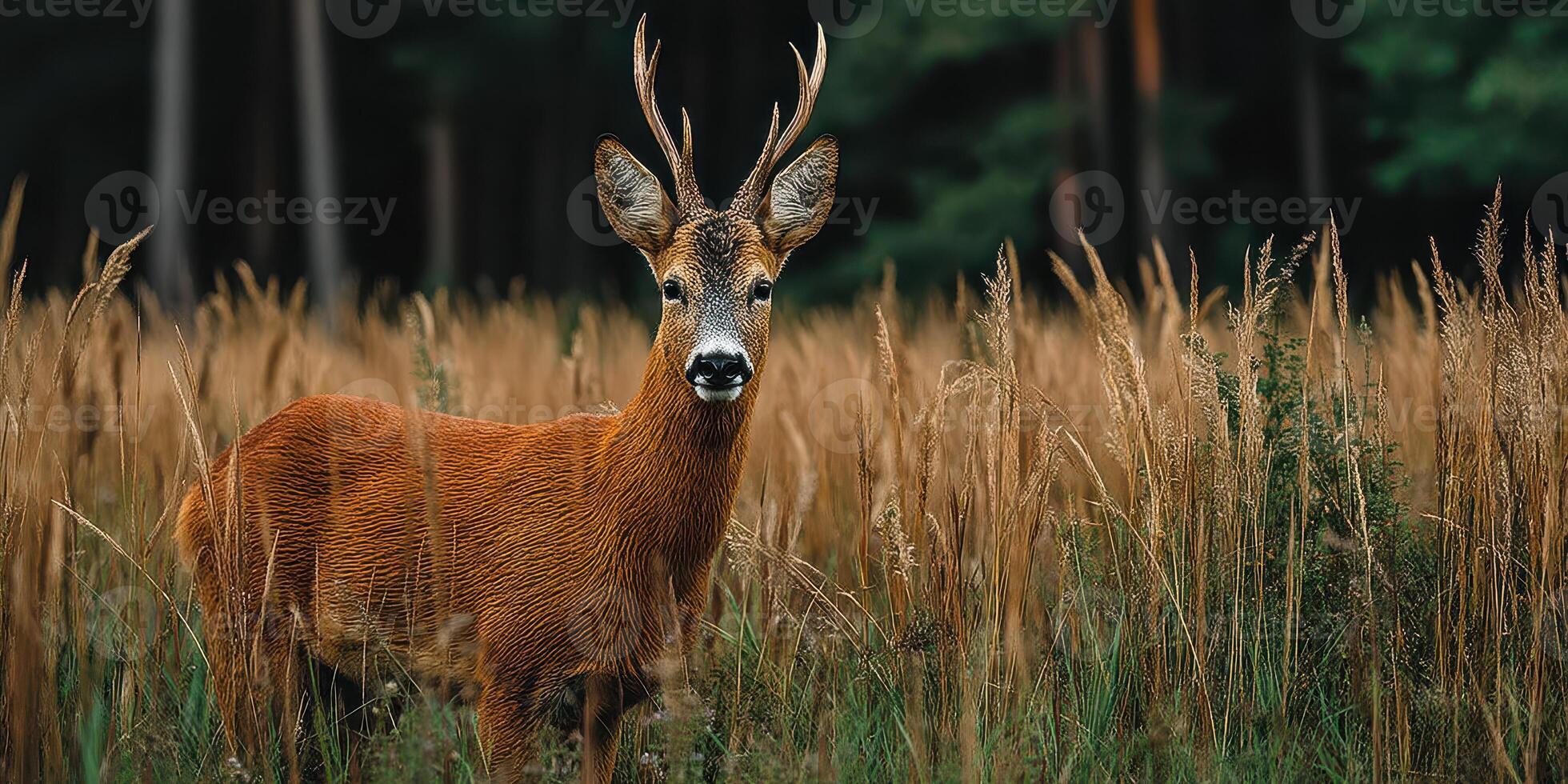 Majestic deer stands in a golden field during the late afternoon sun in a serene forest setting photo