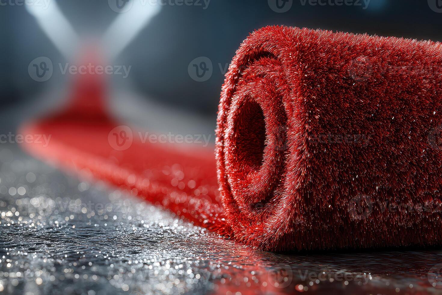 Red carpet unrolled on a dimly lit surface with soft focus background creating an elegant atmosphere for a special event or celebration photo